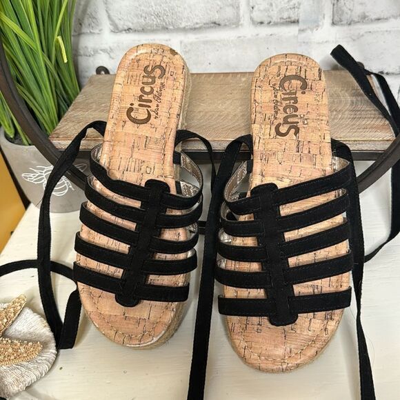 Circus Sam Edelman Ariel Black Leather Tie Platform Espadrilles Sandals 7.5 - Picture 3 of 8